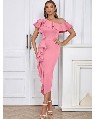 Off Shoulder Side Slit Midi Bodycon Dress HB02120