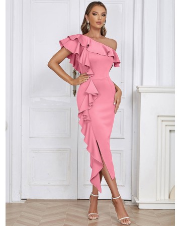 Off Shoulder Side Slit Midi Bodycon Dress HB02120