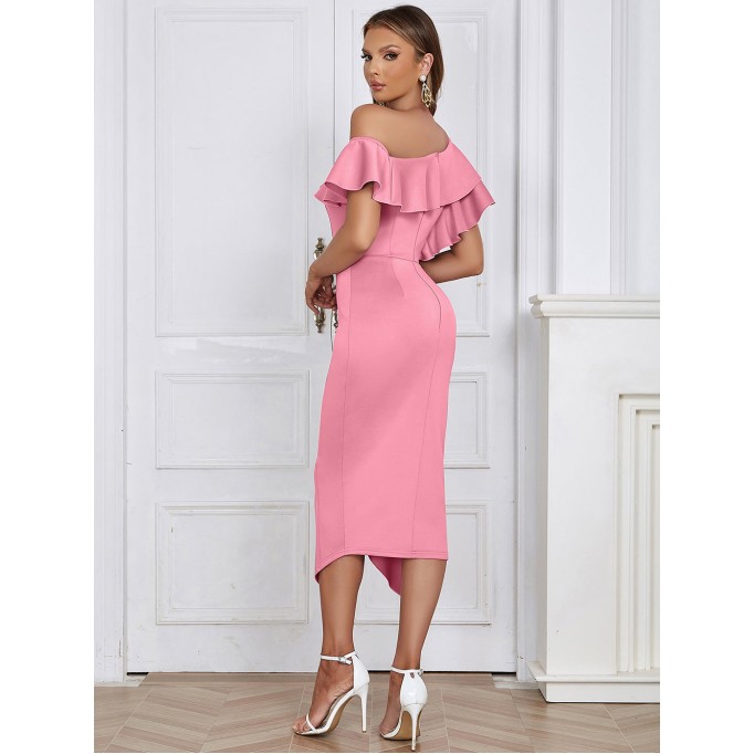 Off Shoulder Side Slit Midi Bodycon Dress HB02120