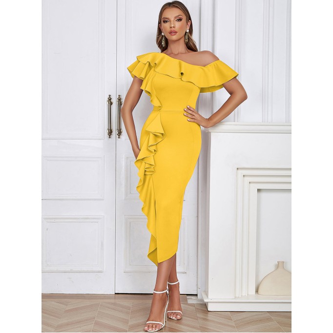 Off Shoulder Side Slit Midi Bodycon Dress HB02120