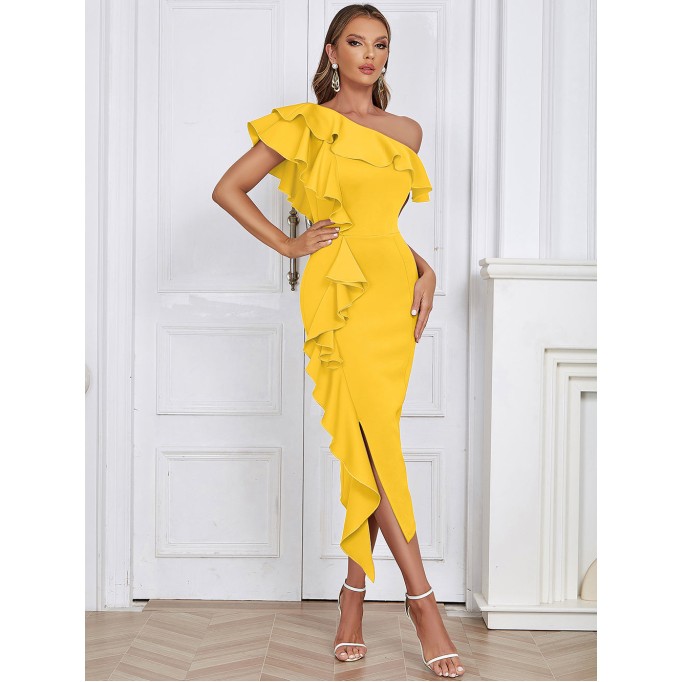 Off Shoulder Side Slit Midi Bodycon Dress HB02120