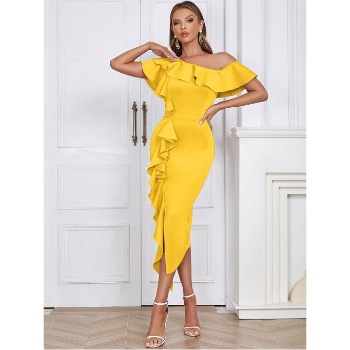 Off Shoulder Side Slit Midi Bodycon Dress HB02120