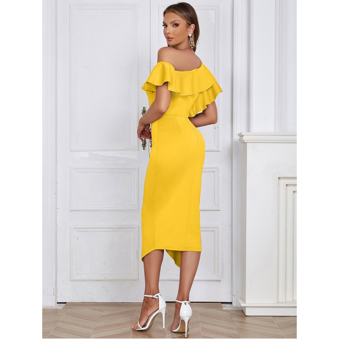 Off Shoulder Side Slit Midi Bodycon Dress HB02120