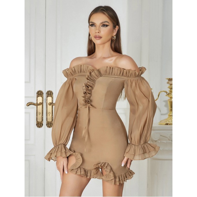 Off Shoulder Long Sleeve Ruffle Mini Bodycon Dress HB0325