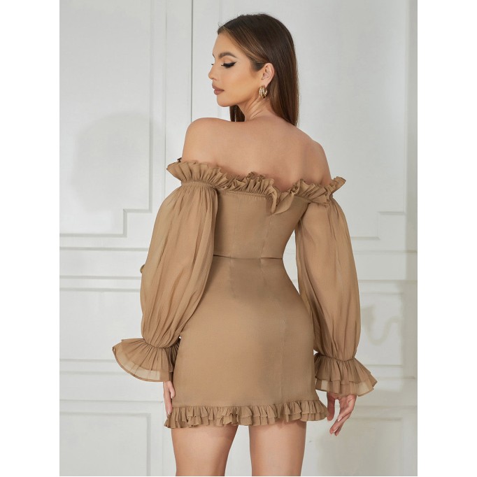 Off Shoulder Long Sleeve Ruffle Mini Bodycon Dress HB0325