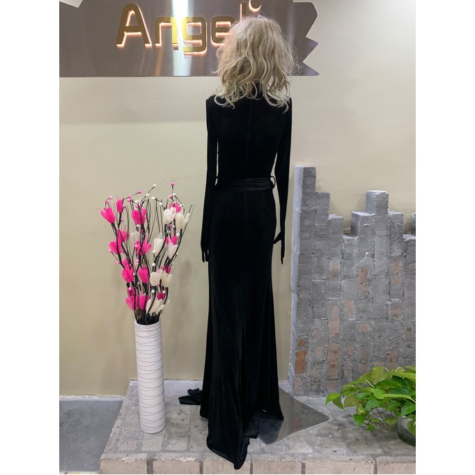 High Neck Long Sleeve Fishtail Maxi Bodycon Dress HT3035