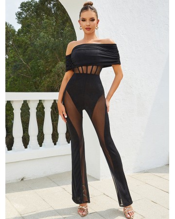 Off Shoulder Short Sleeve Gauze Bodycon Jumpsuit HB01330