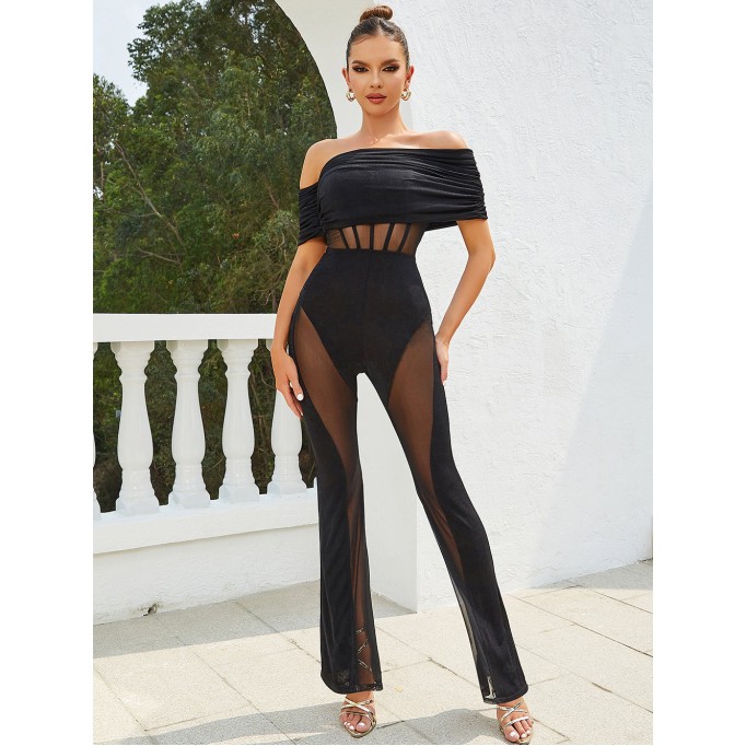 Off Shoulder Short Sleeve Gauze Bodycon Jumpsuit HB01330