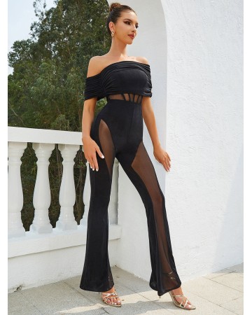 Off Shoulder Short Sleeve Gauze Bodycon Jumpsuit HB01330