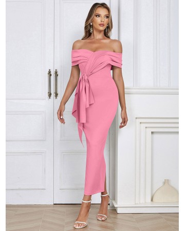 Off Shoulder Short Sleeve Slit Midi Bodycon Dress HB02290