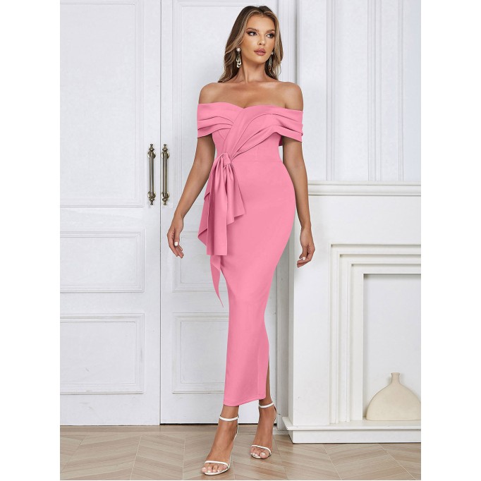 Off Shoulder Short Sleeve Slit Midi Bodycon Dress HB02290