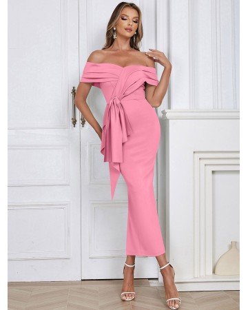 Off Shoulder Short Sleeve Slit Midi Bodycon Dress HB02290