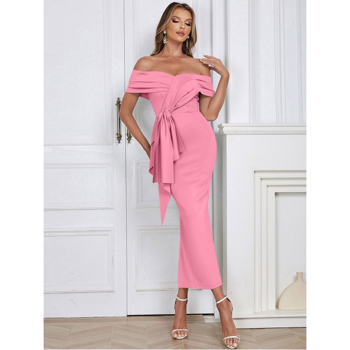 Off Shoulder Short Sleeve Slit Midi Bodycon Dress HB02290