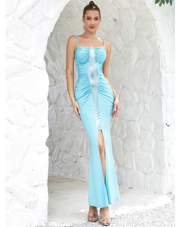 Strappy Sleeveless Wrinkled Maxi Bodycon Dress HB0240