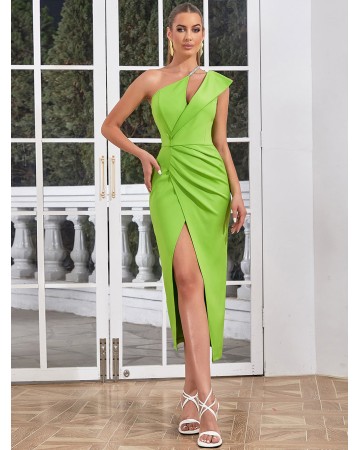 One Shoulder Sleeveless Wrinkled Midi Bodycon Dress HB02490