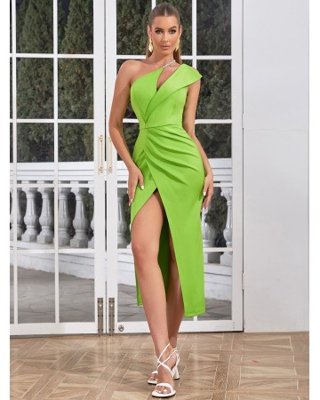 One Shoulder Sleeveless Wrinkled Midi Bodycon Dress HB02490