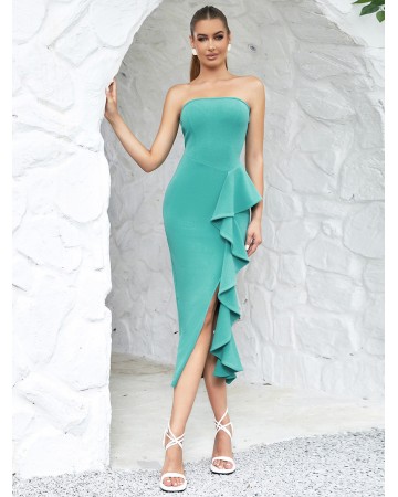 Strapless Sleeveless Ruffle Midi Bodycon Dress HB0280