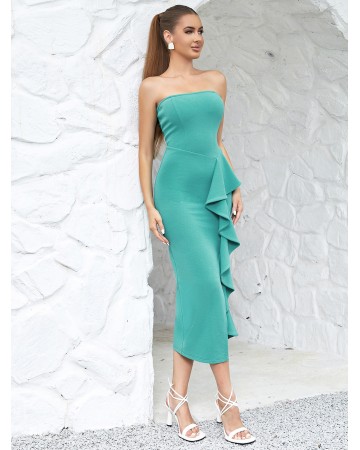 Strapless Sleeveless Ruffle Midi Bodycon Dress HB0280