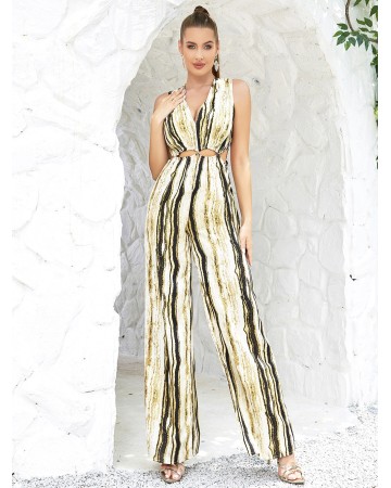 V Neck Sleeveless Striped Bodycon Jumpsuit HB0282