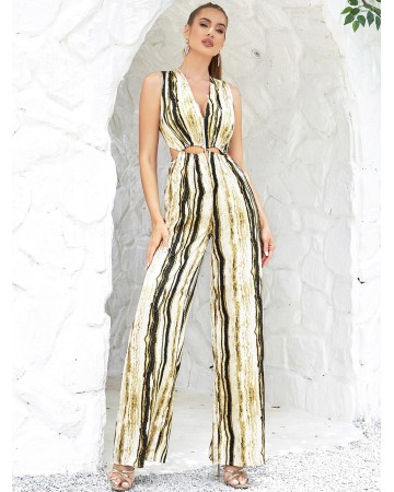 V Neck Sleeveless Striped Bodycon Jumpsuit HB0282