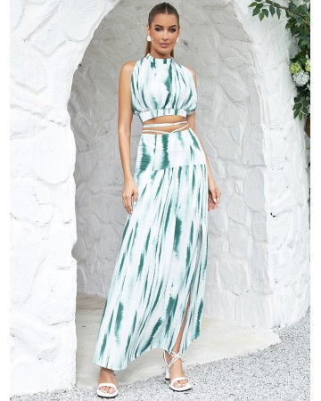 High Neck Sleeveless Slit Maxi Bodycon Set HB0294