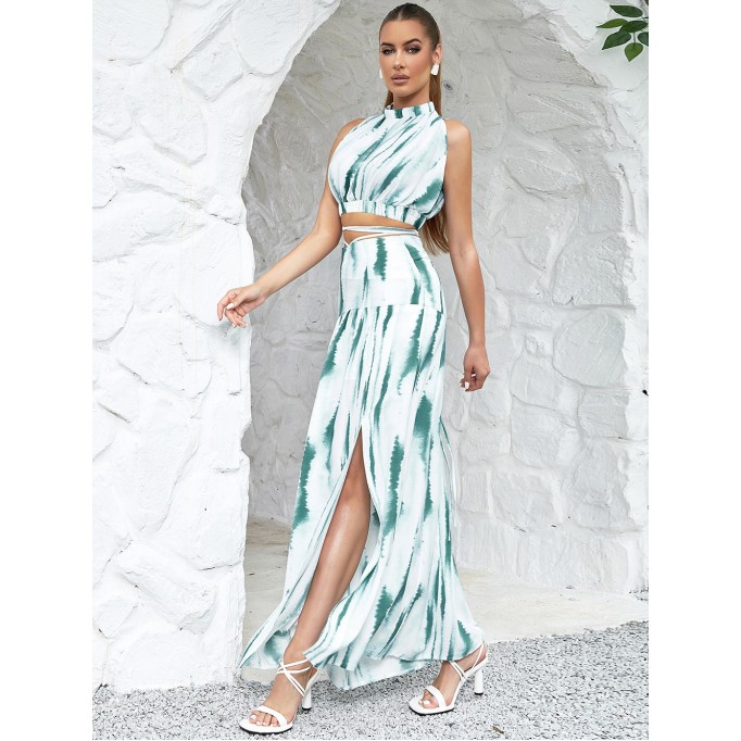 High Neck Sleeveless Slit Maxi Bodycon Set HB0294