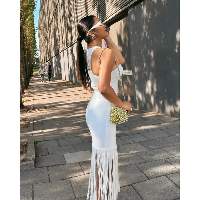 Asymmetric Tassels Maxi Bandage Dress