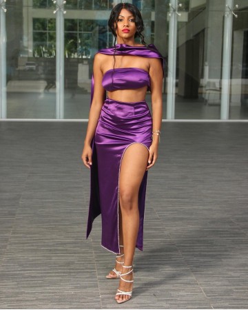 Purple Satin Strapless Sash Gown