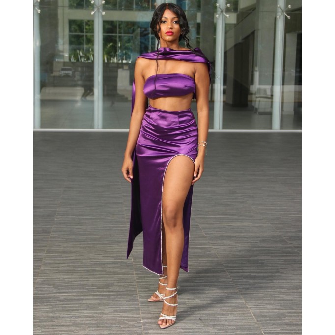 Purple Satin Strapless Sash Gown