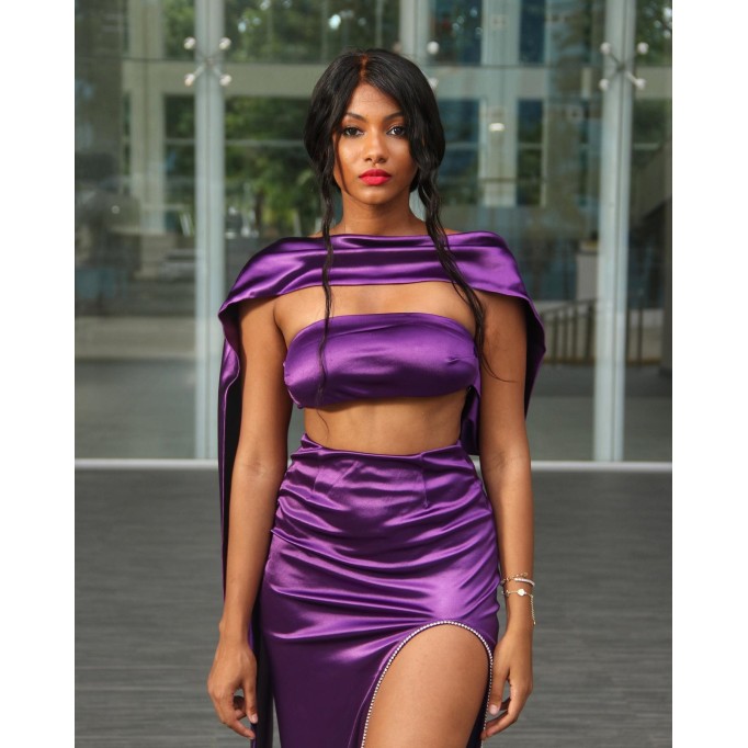 Purple Satin Strapless Sash Gown