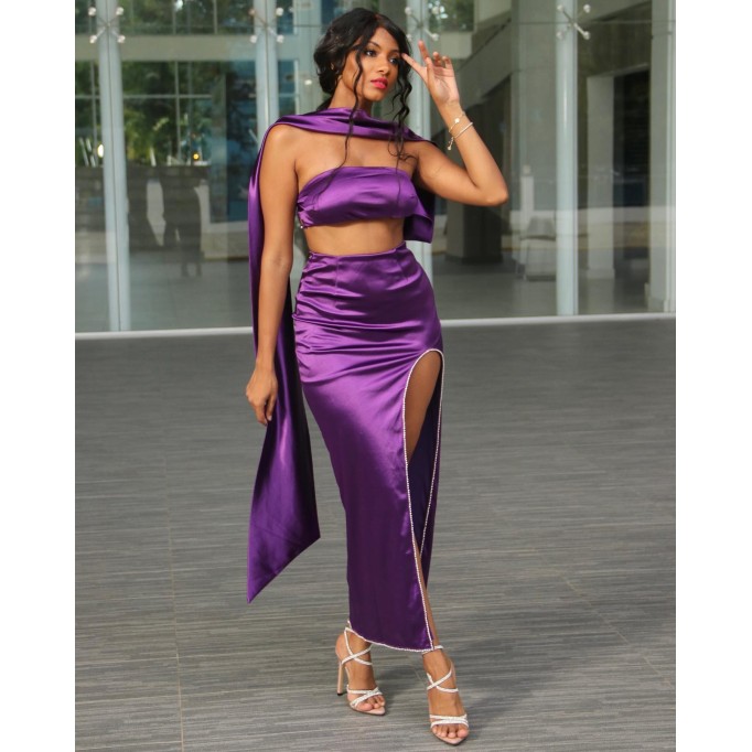 Purple Satin Strapless Sash Gown