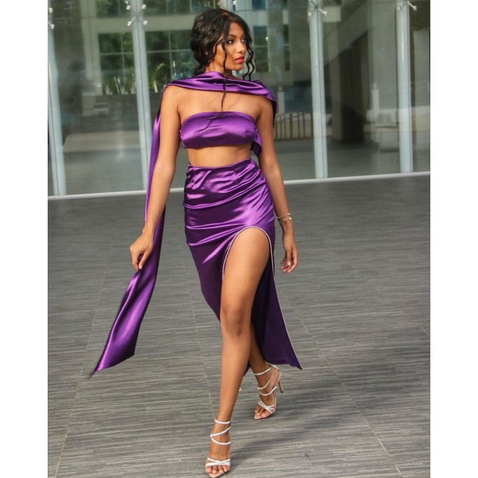 Purple Satin Strapless Sash Gown