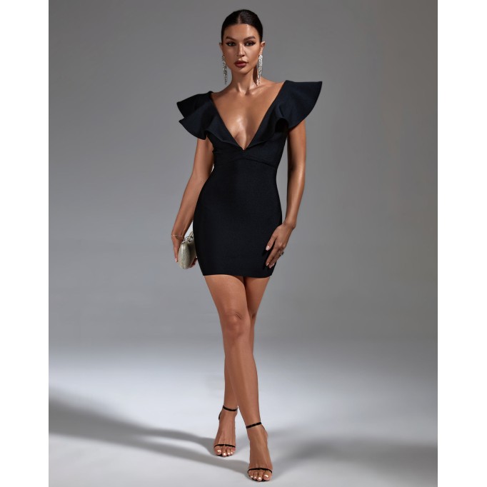 Deep V Ruffled Mini Bandage Dress