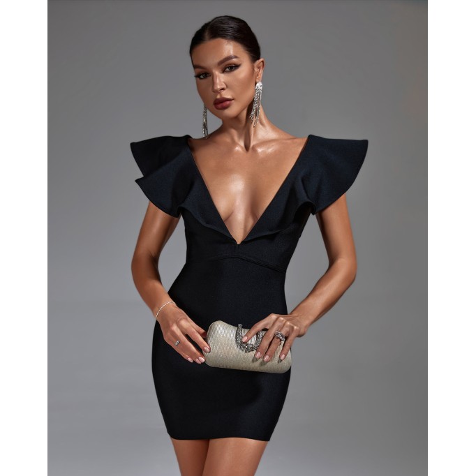 Deep V Ruffled Mini Bandage Dress