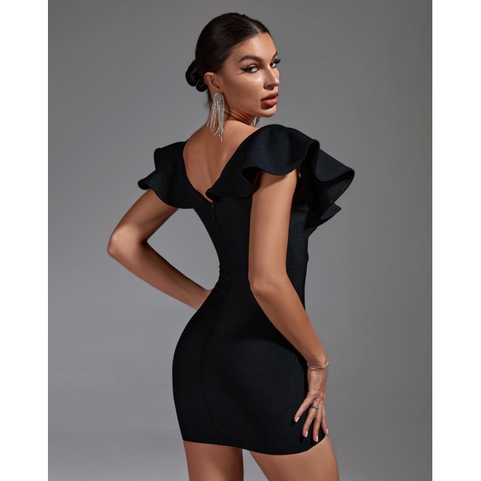 Deep V Ruffled Mini Bandage Dress