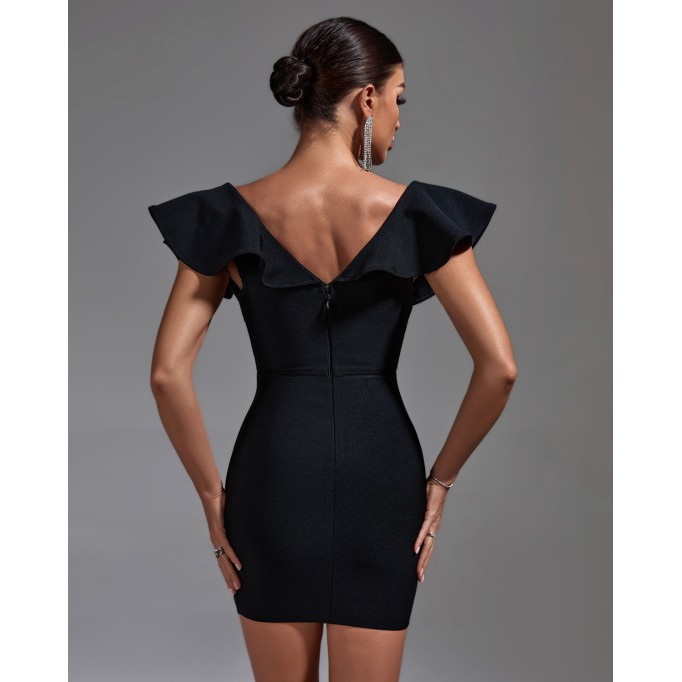 Deep V Ruffled Mini Bandage Dress