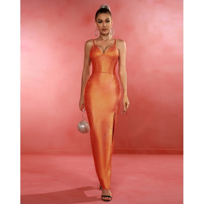 Metallic Orange Bandage Maxi Dress