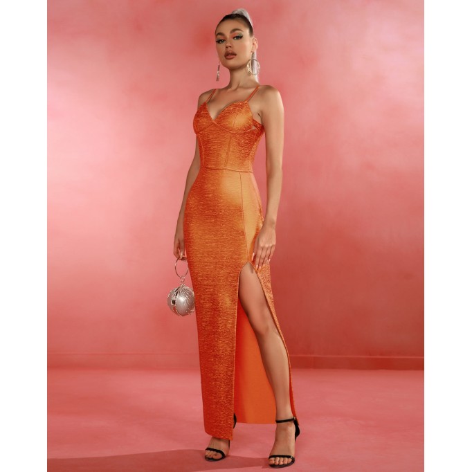 Metallic Orange Bandage Maxi Dress