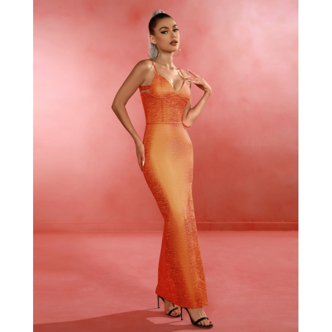 Metallic Orange Bandage Maxi Dress