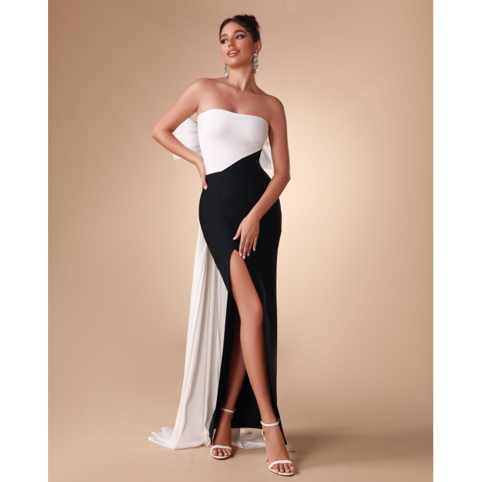 Black White Bow-Detail Bandage Long Dress