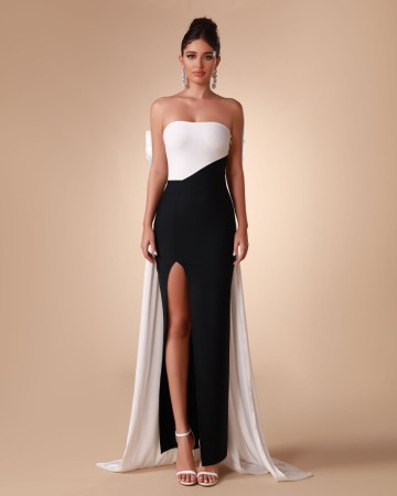 Black White Bow-Detail Bandage Long Dress