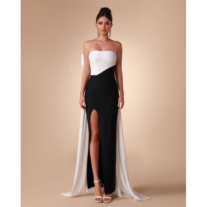 Black White Bow-Detail Bandage Long Dress