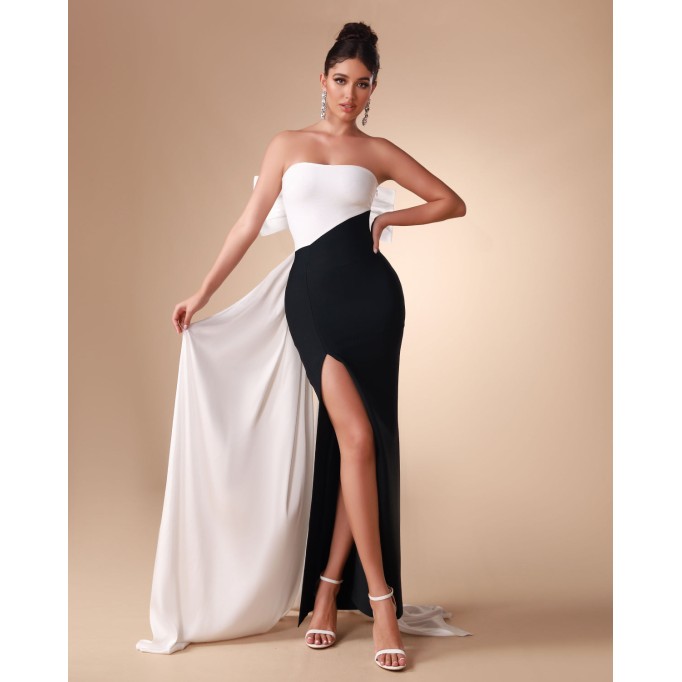 Black White Bow-Detail Bandage Long Dress