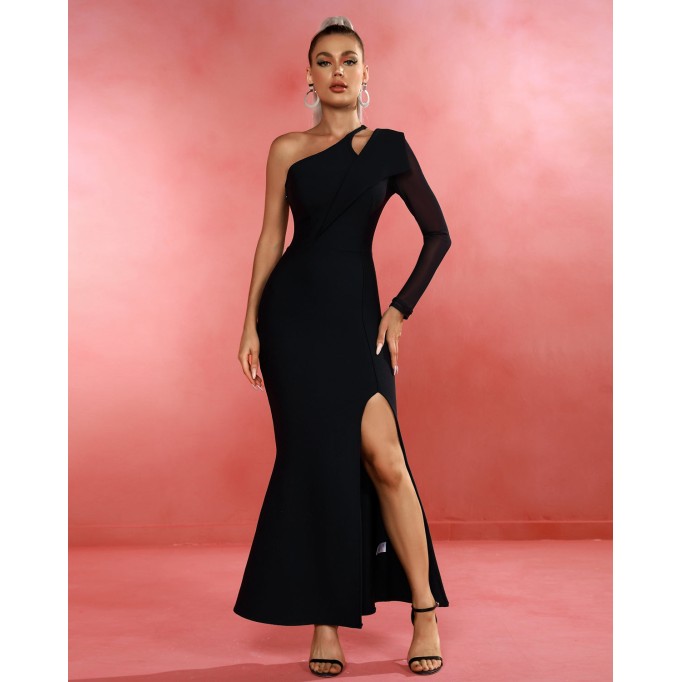 Asymmetric Mesh Sleeves Bandage Dress