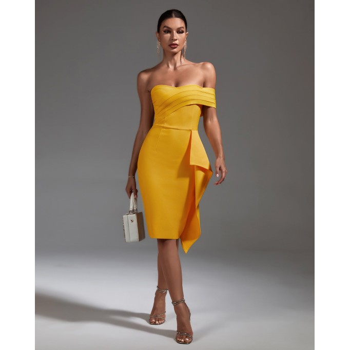 Off Shoulder Ruffled Midi Bandage Dress