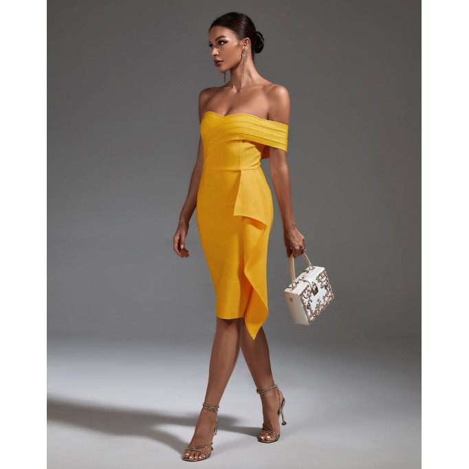 Off Shoulder Ruffled Midi Bandage Dress