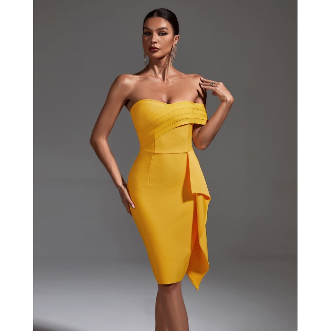 Off Shoulder Ruffled Midi Bandage Dress