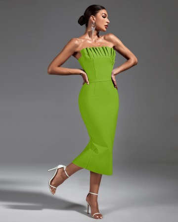 Strapless Pleated Midi Bandage Dress