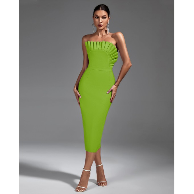 Strapless Pleated Midi Bandage Dress