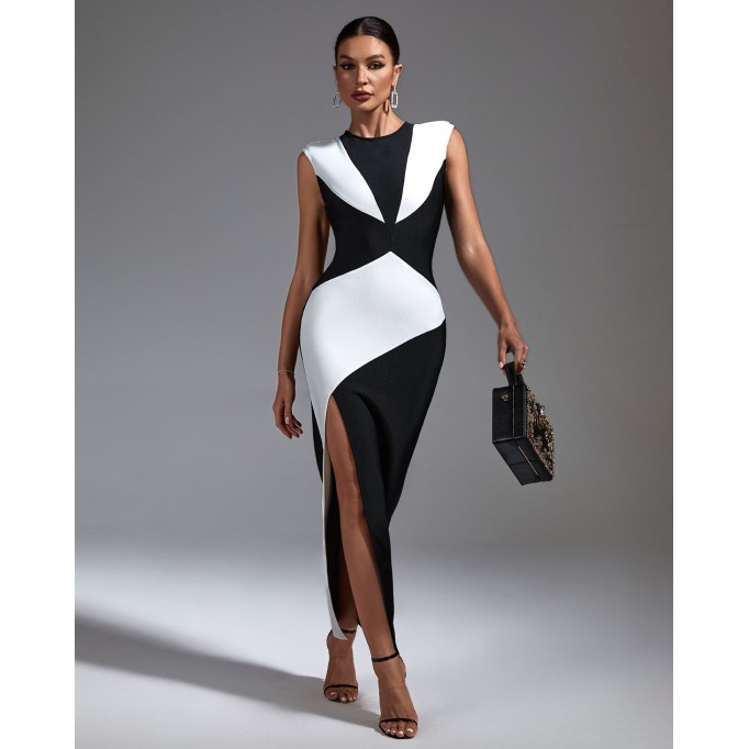 Black White Colour-Blocked Bandage Dress